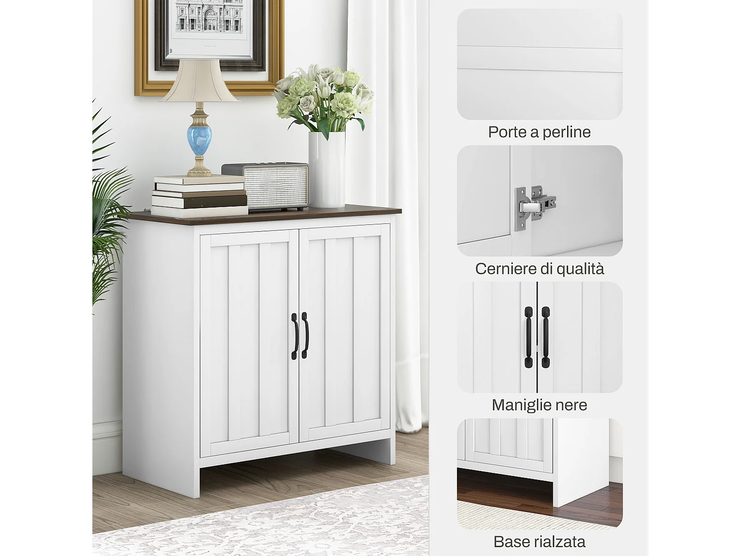 Credenza cucina a 2 ante con ripiano regolabile in legno bianco