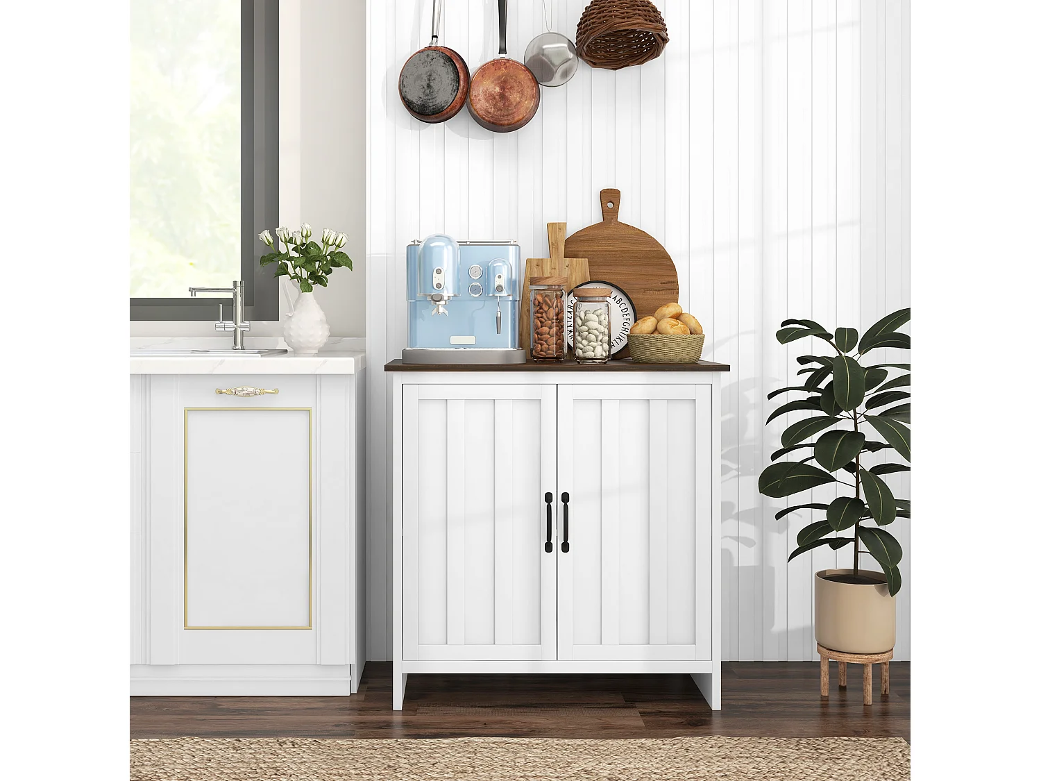 Credenza cucina a 2 ante con ripiano regolabile in legno bianco