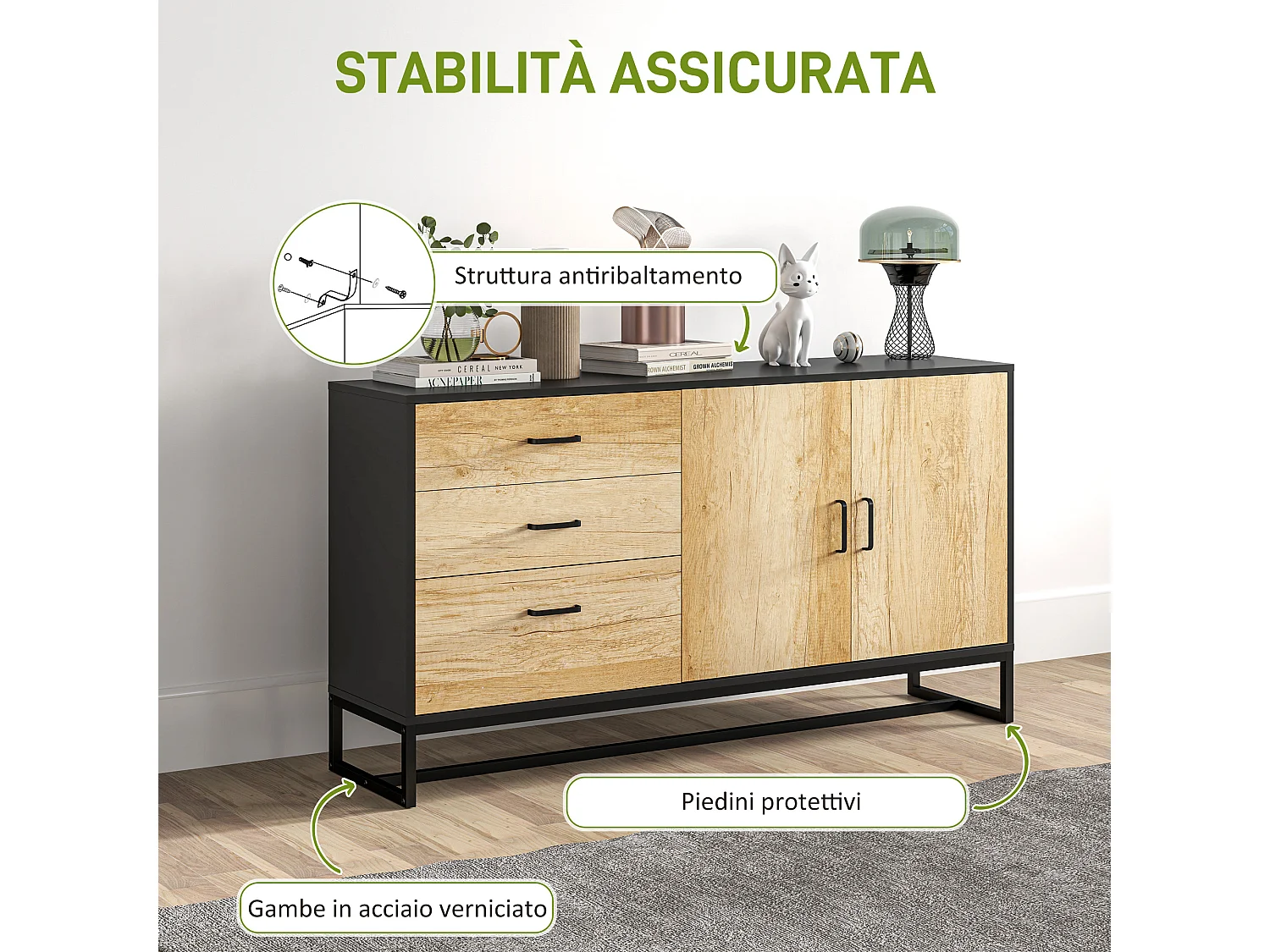 Credenza moderna con 3 cassetti e armadietto 2 ante