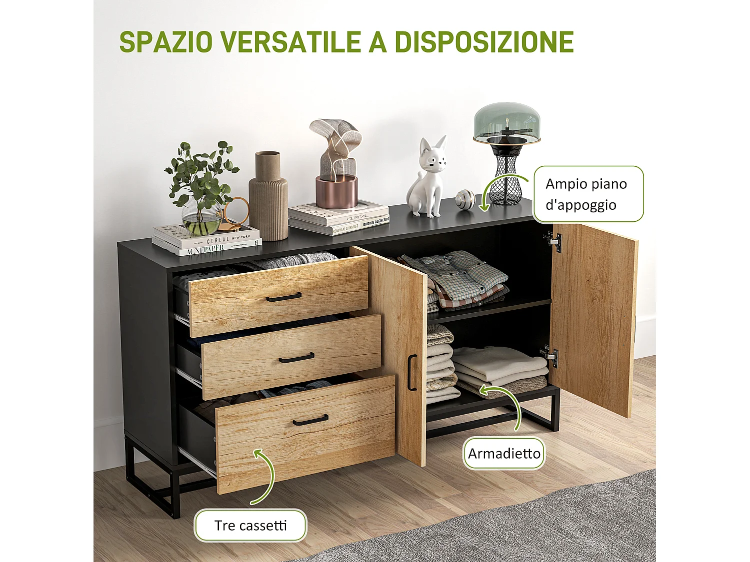 Credenza moderna con 3 cassetti e armadietto 2 ante