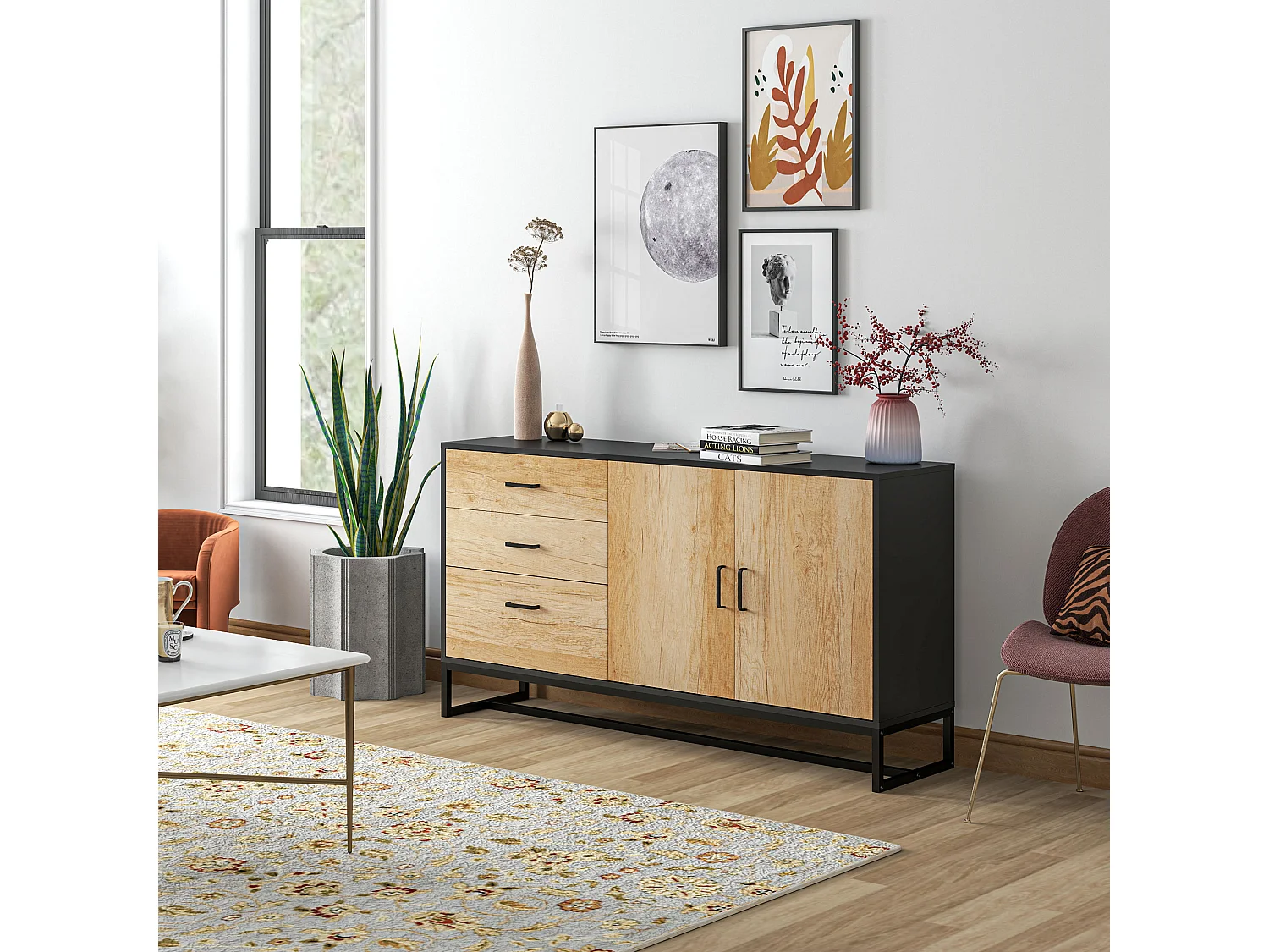 Credenza moderna con 3 cassetti e armadietto 2 ante