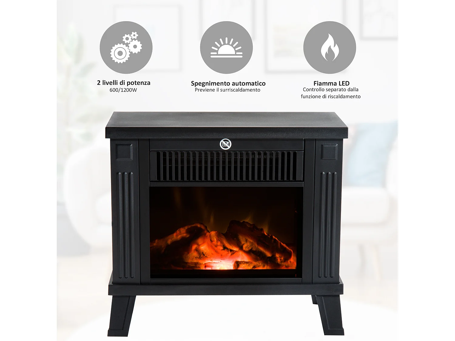 Camino elettrico da terra moderno con effetto fiamma nero