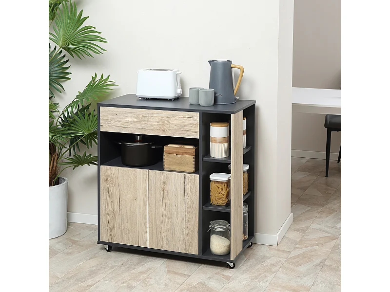 Carrello cucina multiuso con ruote scaffale e armadietto in legno