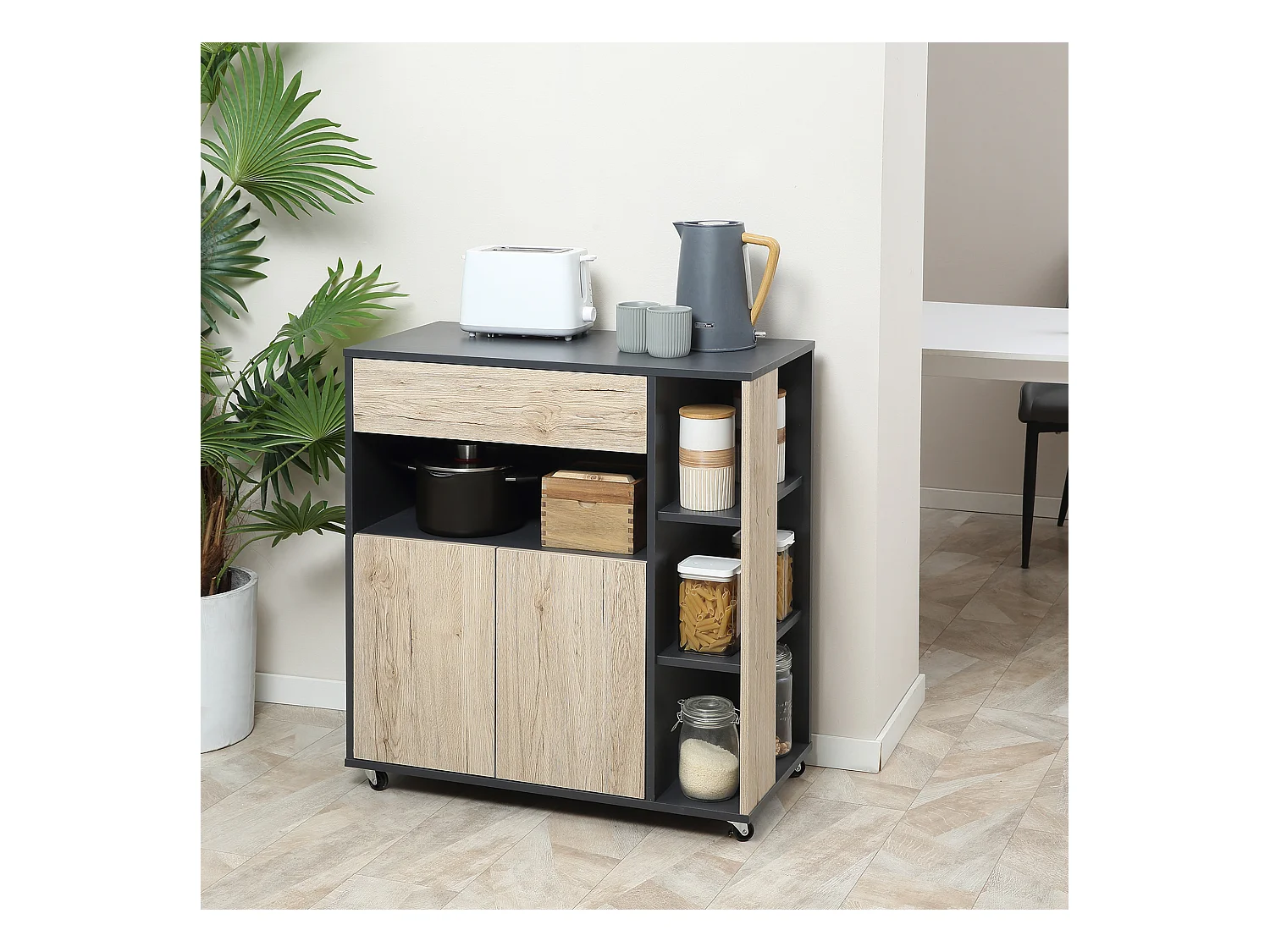 Carrello cucina multiuso con ruote scaffale e armadietto in legno