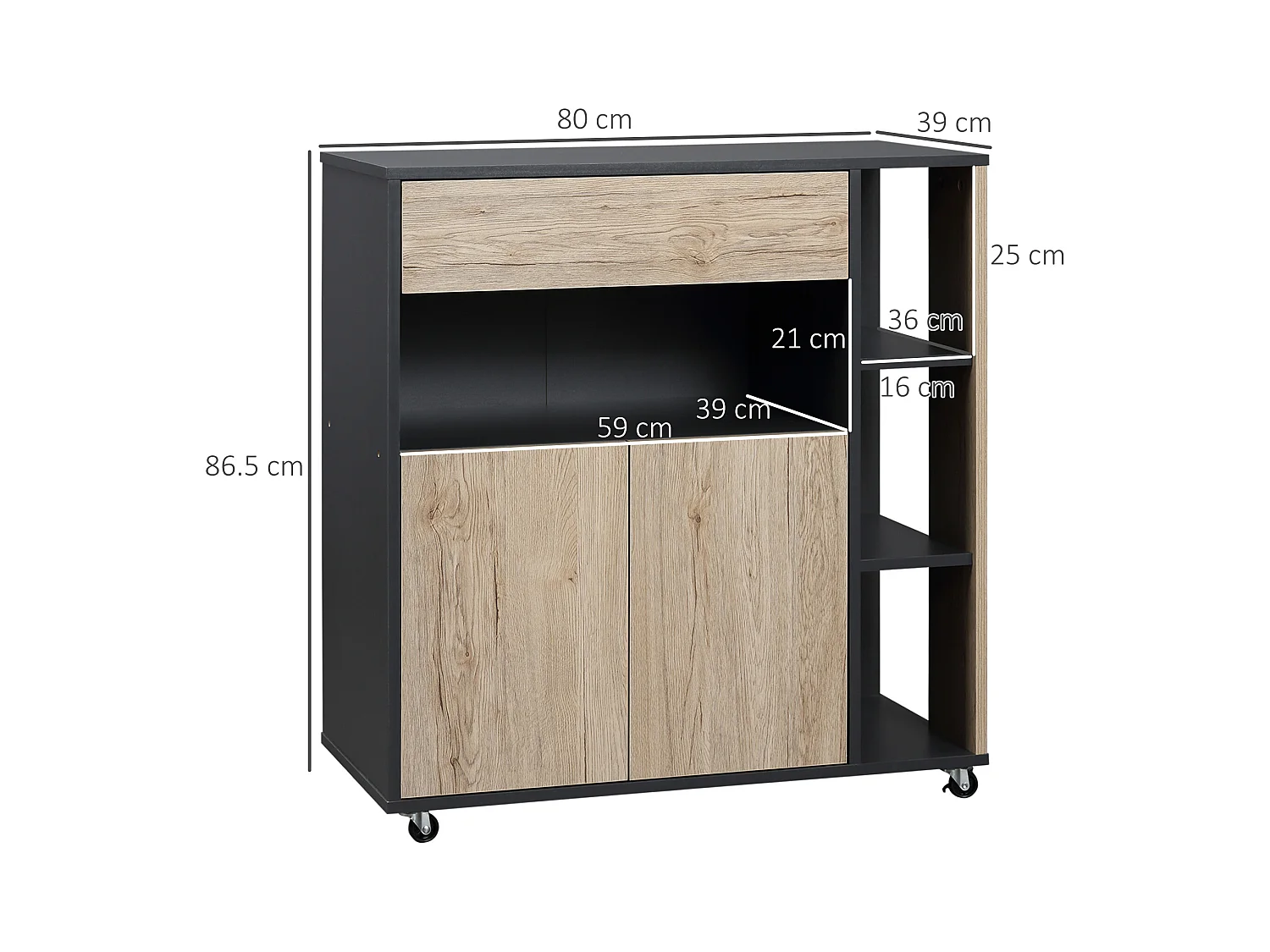 Carrello cucina multiuso con ruote scaffale e armadietto in legno