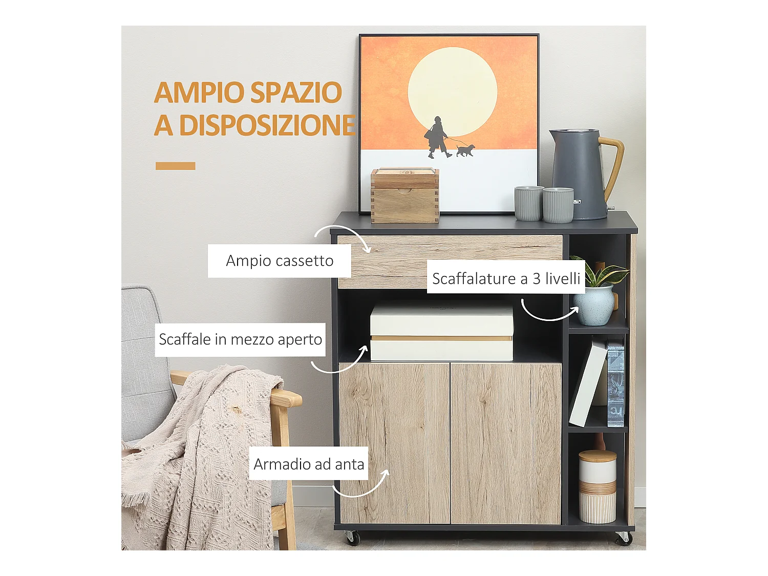 Carrello cucina multiuso con ruote scaffale e armadietto in legno