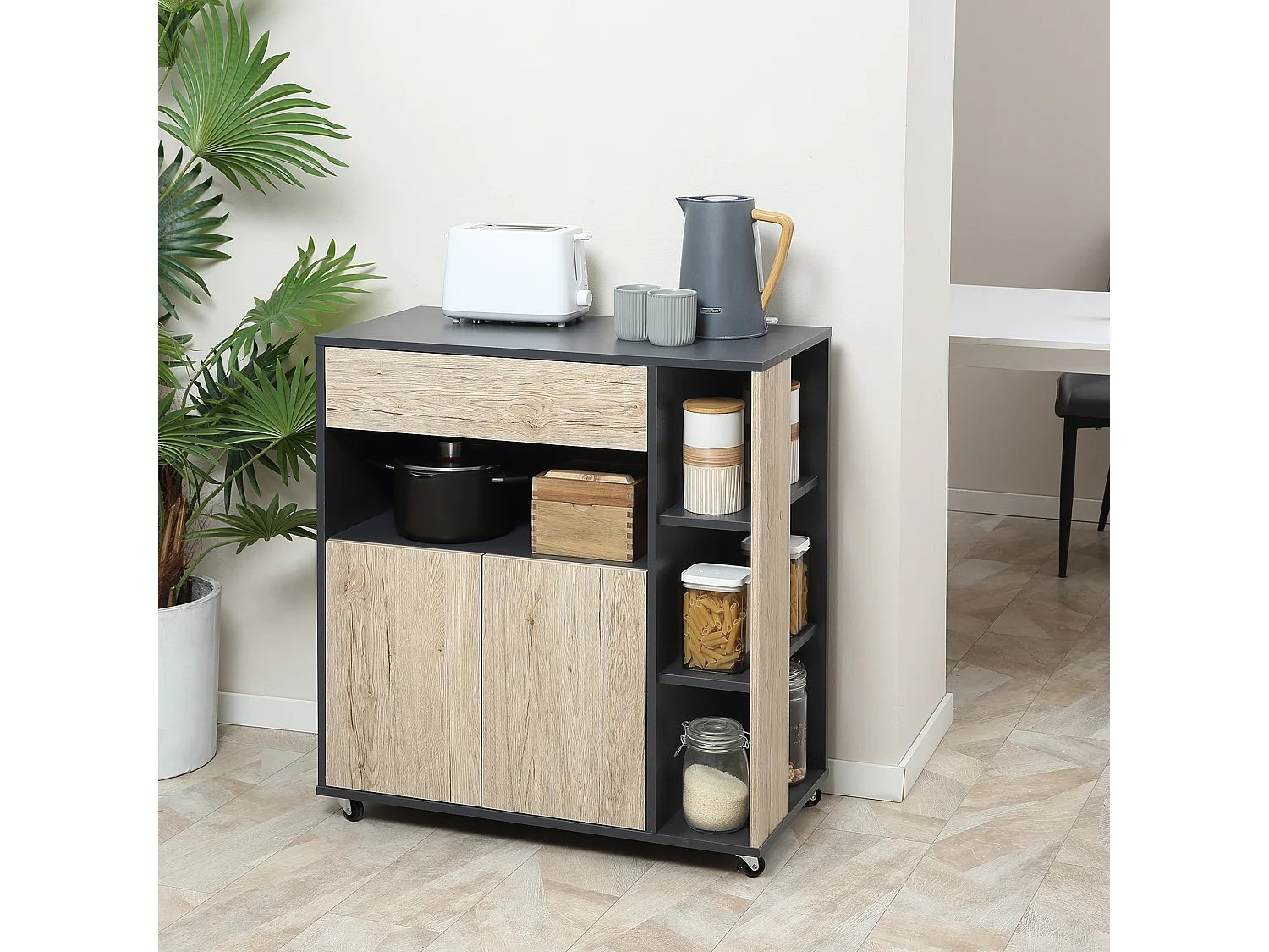 Carrello cucina multiuso con ruote scaffale e armadietto in legno