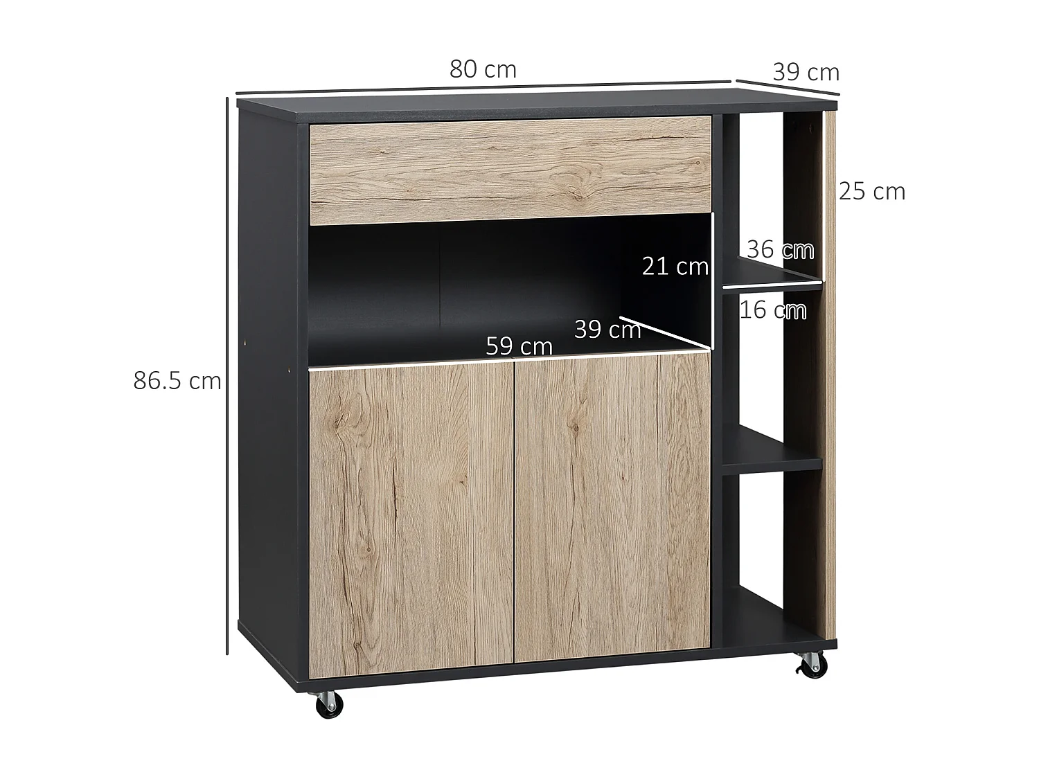 Carrello cucina multiuso con ruote scaffale e armadietto in legno