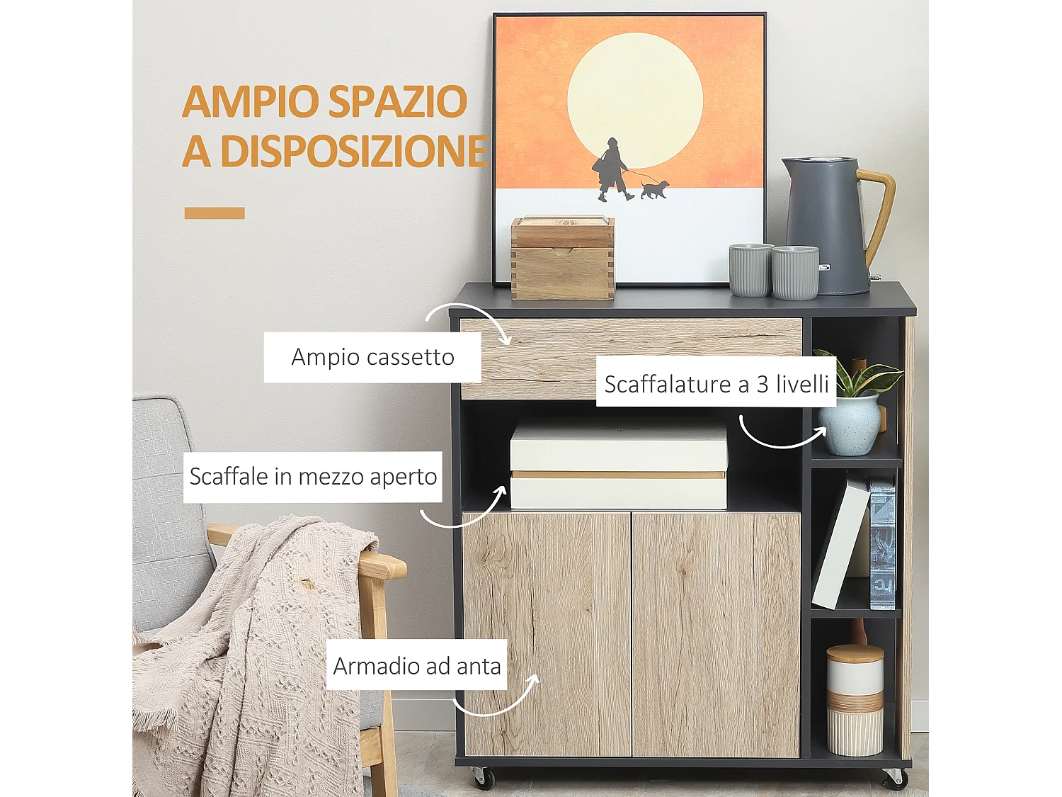 Carrello cucina multiuso con ruote scaffale e armadietto in legno