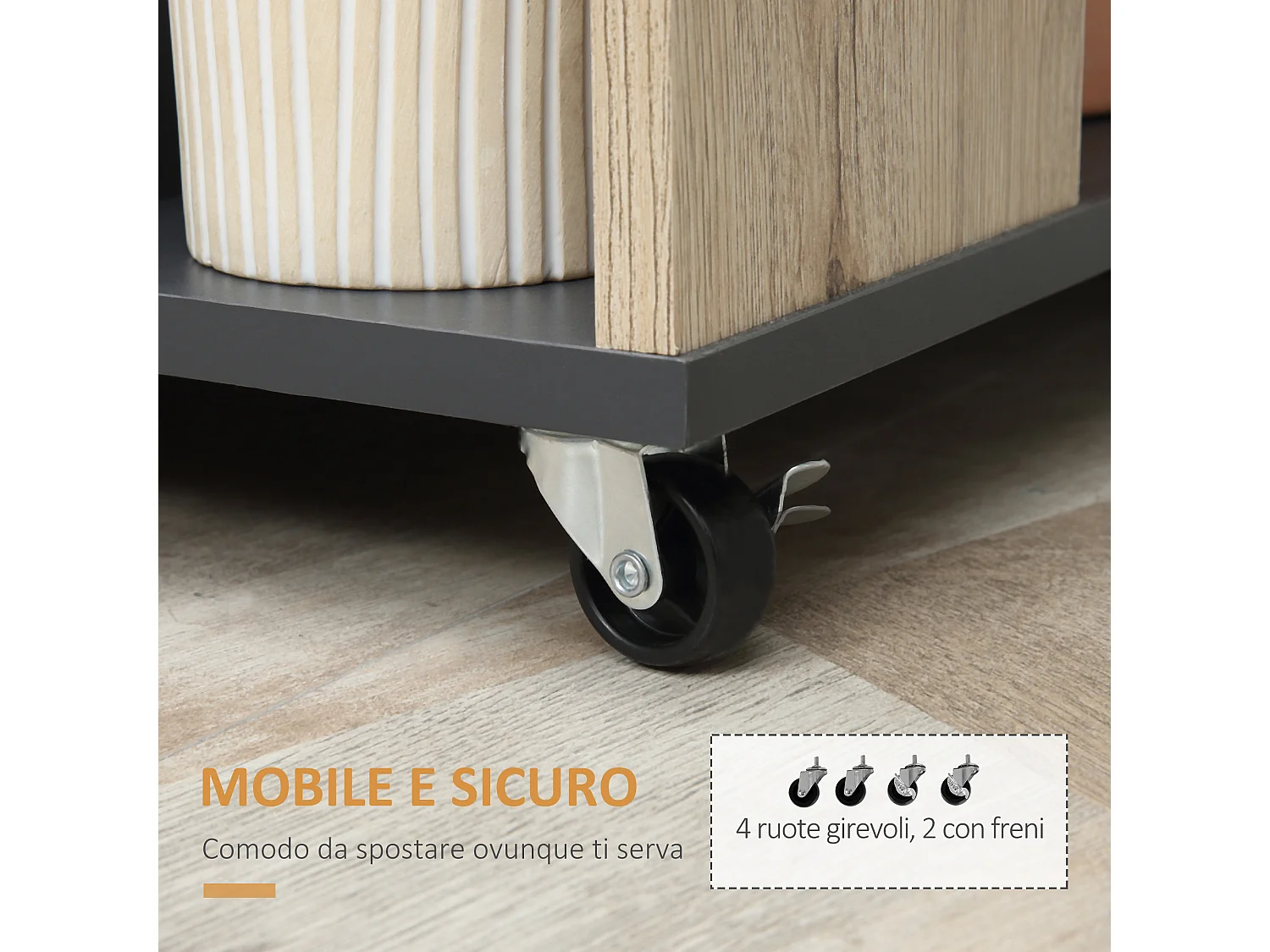 Carrello cucina multiuso con ruote scaffale e armadietto in legno