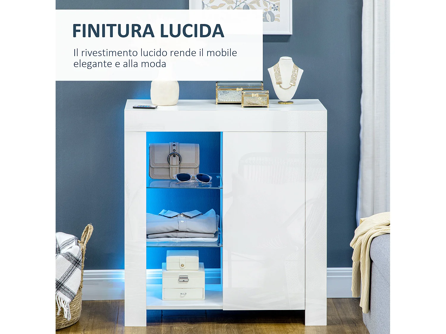 Mobiletto da salotto con 3 ripiani aperti e armadietto con anta