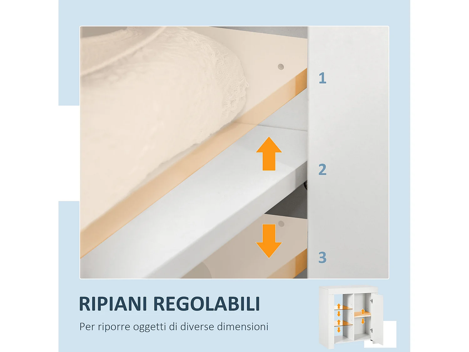 Mobiletto da salotto con 3 ripiani aperti e armadietto con anta