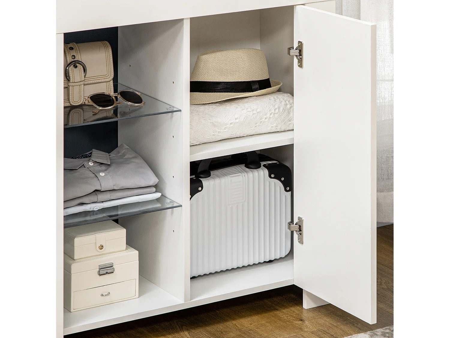 Mobiletto da salotto con 3 ripiani aperti e armadietto con anta