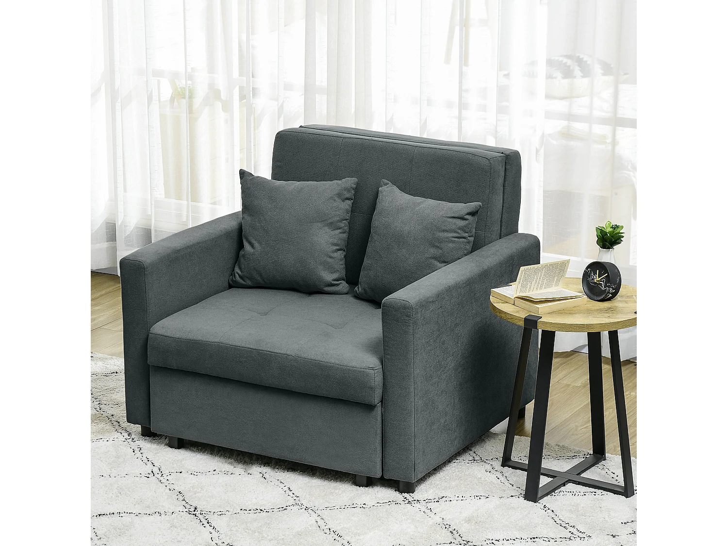 Poltrona letto con 2 cuscini e spazio portaoggetti grigio