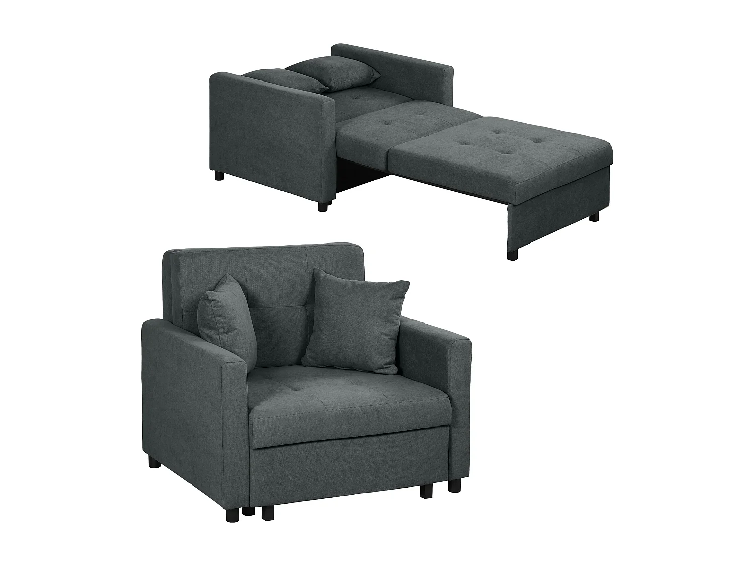 Poltrona letto con 2 cuscini e spazio portaoggetti grigio