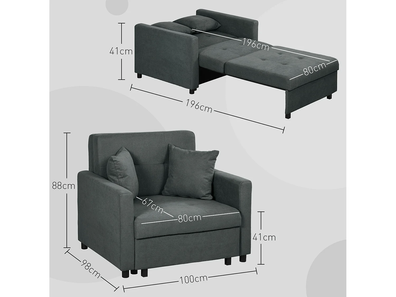 Poltrona letto con 2 cuscini e spazio portaoggetti grigio