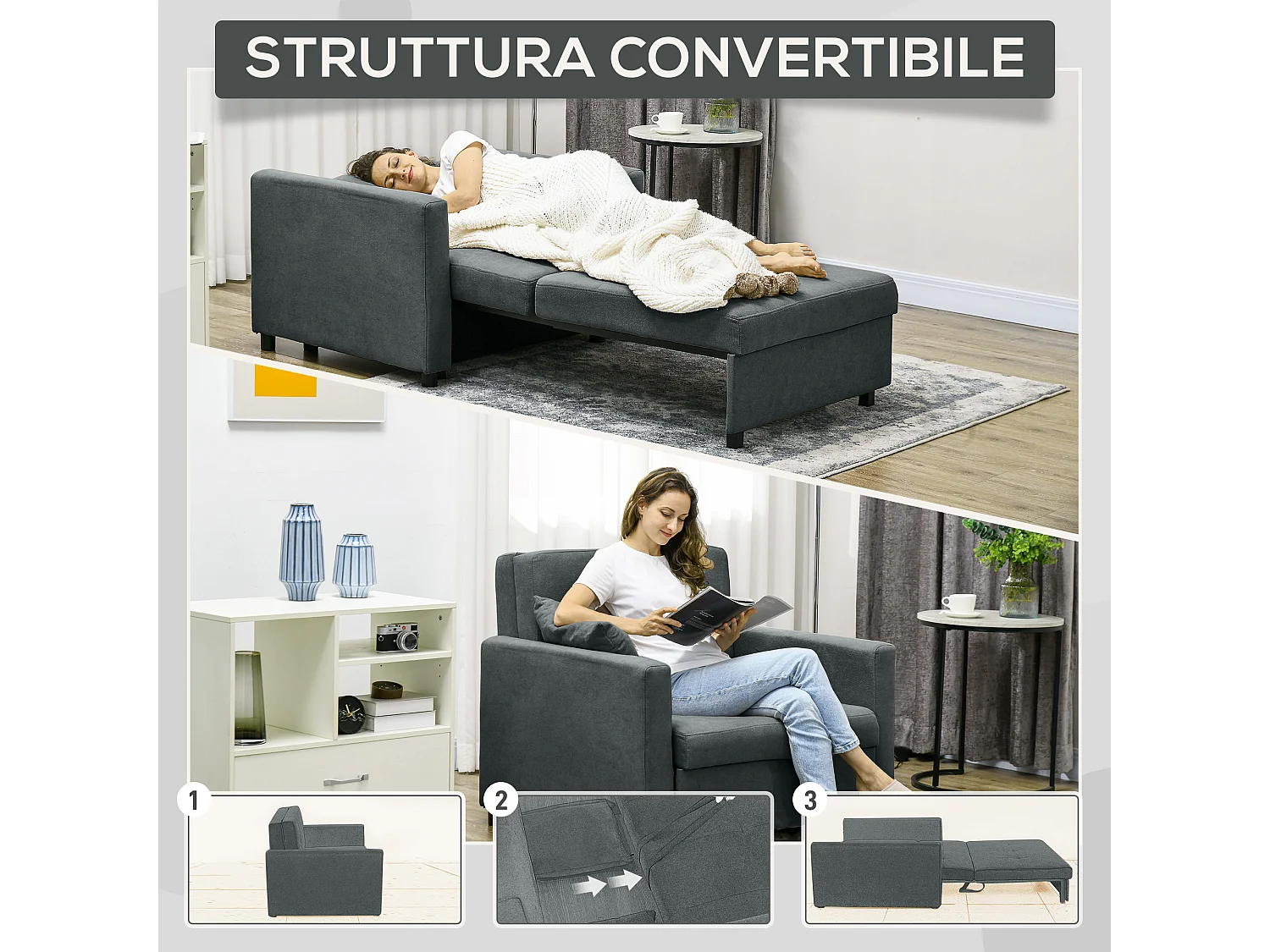 Poltrona letto con 2 cuscini e spazio portaoggetti grigio