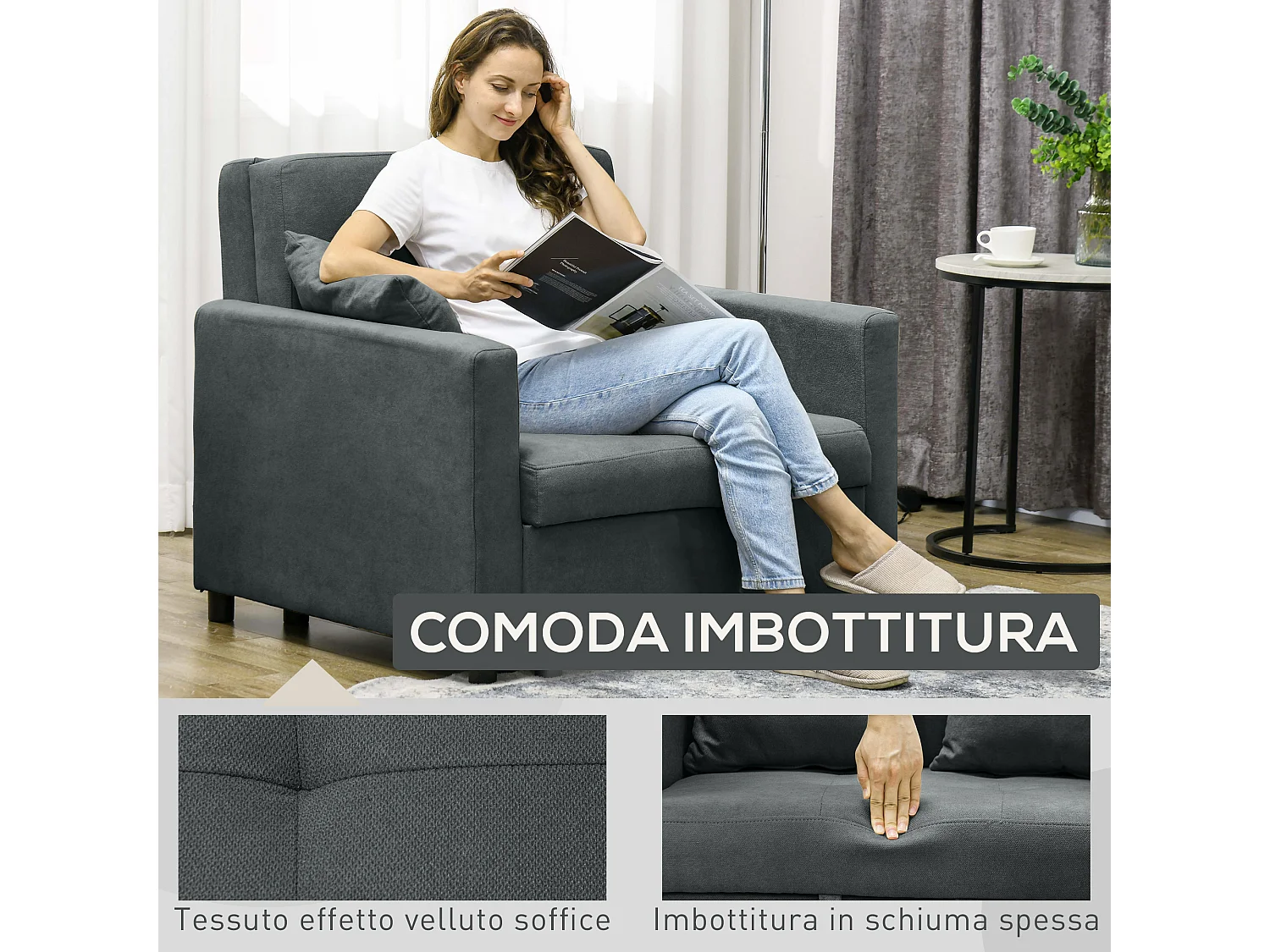 Poltrona letto con 2 cuscini e spazio portaoggetti grigio
