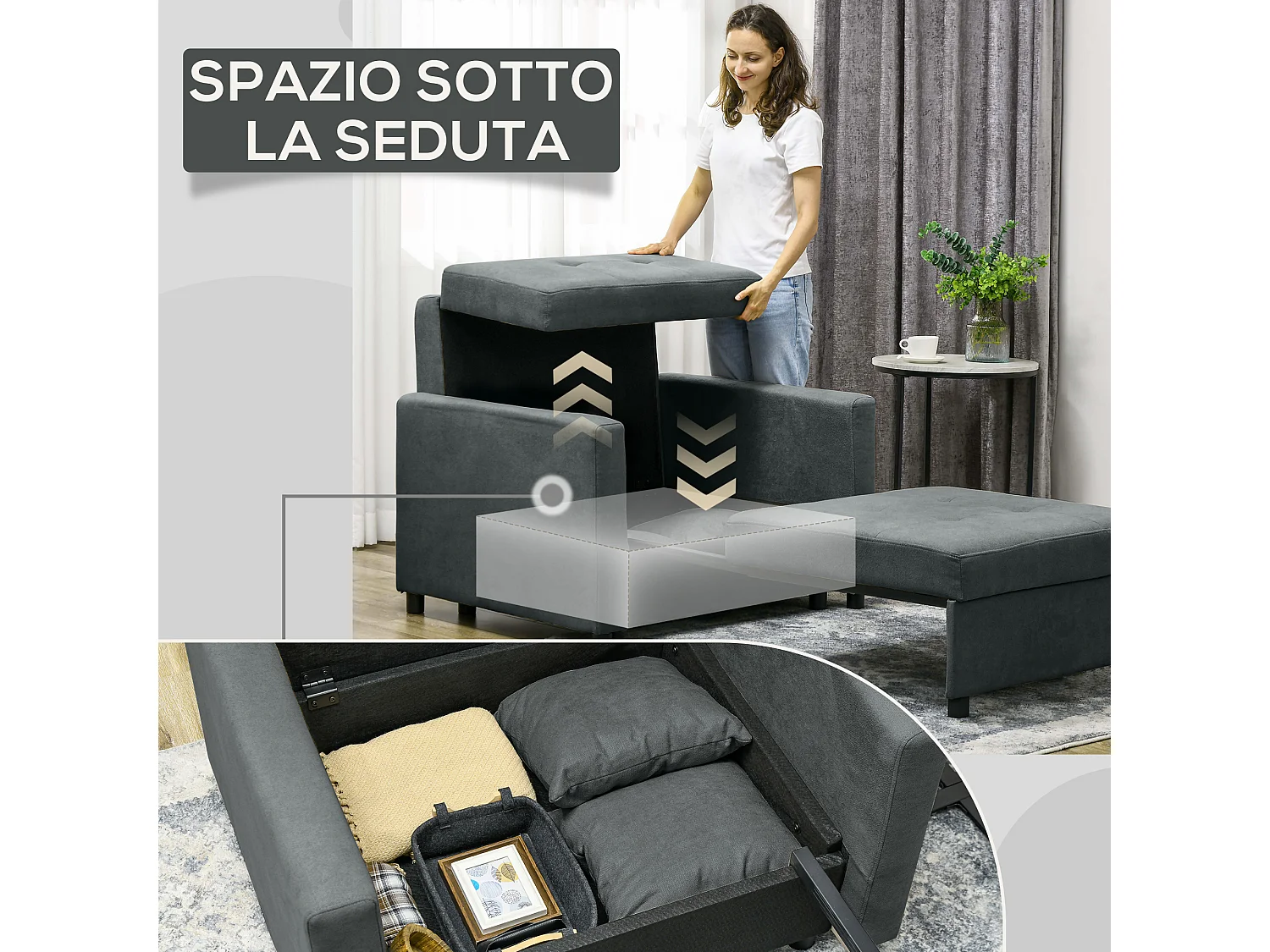 Poltrona letto con 2 cuscini e spazio portaoggetti grigio