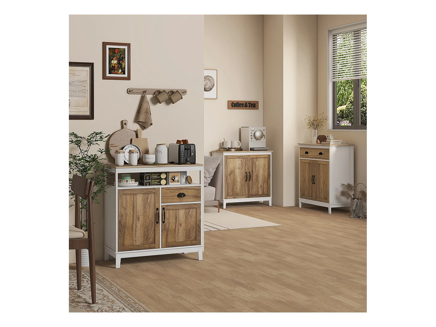 Mobile multiuso con armadietto e cassetto in truciolato bianco