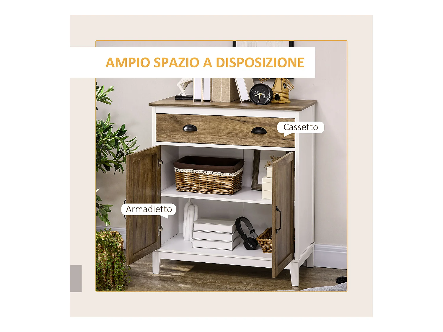 Mobile multiuso con armadietto e cassetto in truciolato bianco