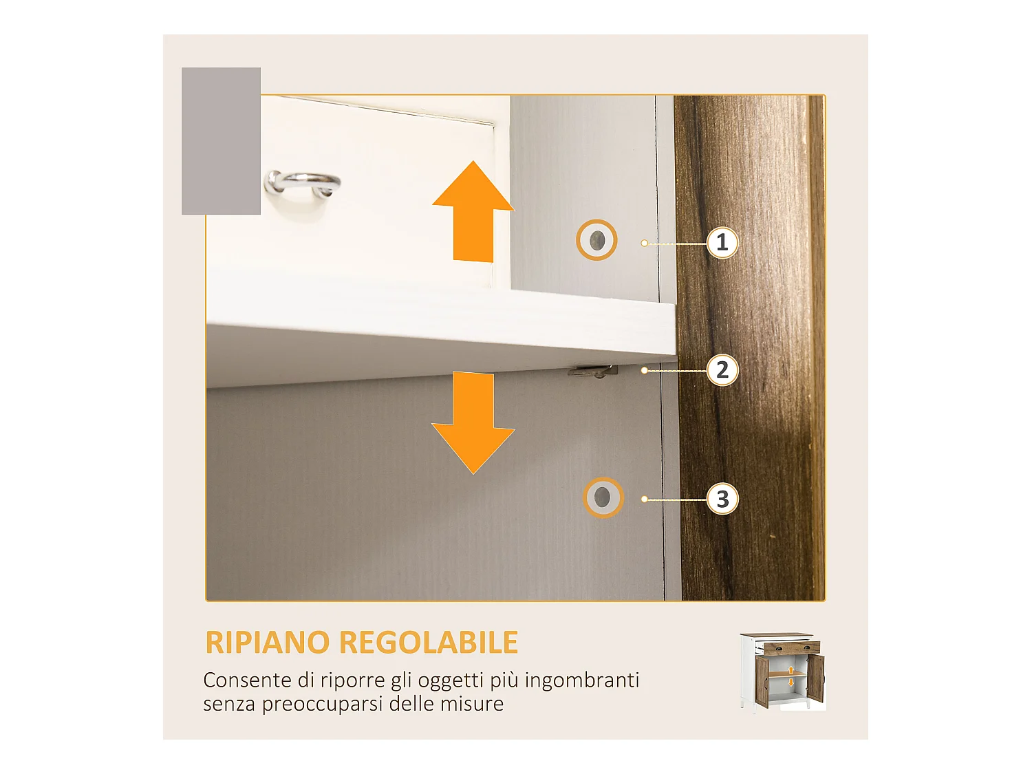 Mobile multiuso con armadietto e cassetto in truciolato bianco