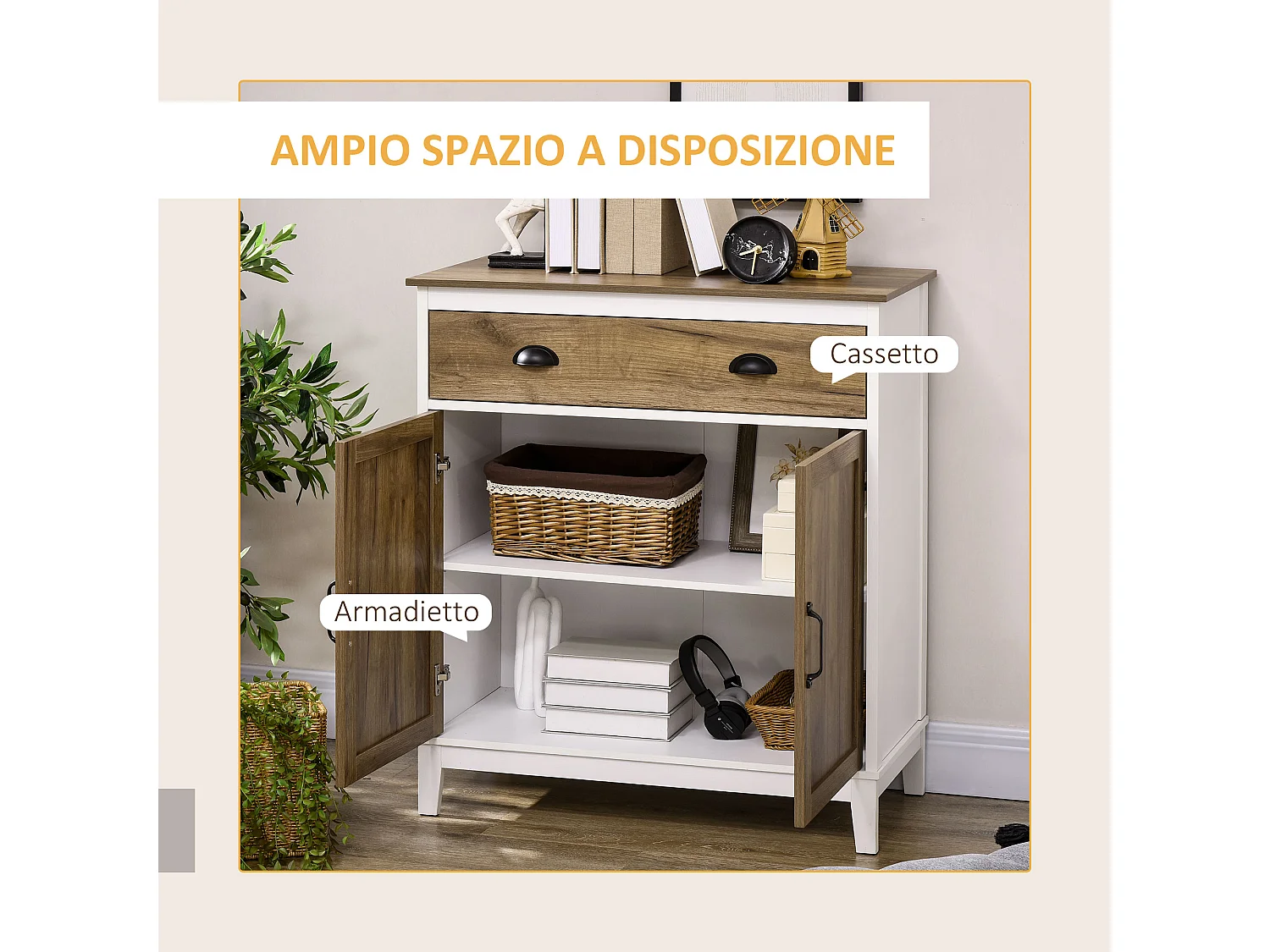 Mobile multiuso con armadietto e cassetto in truciolato bianco