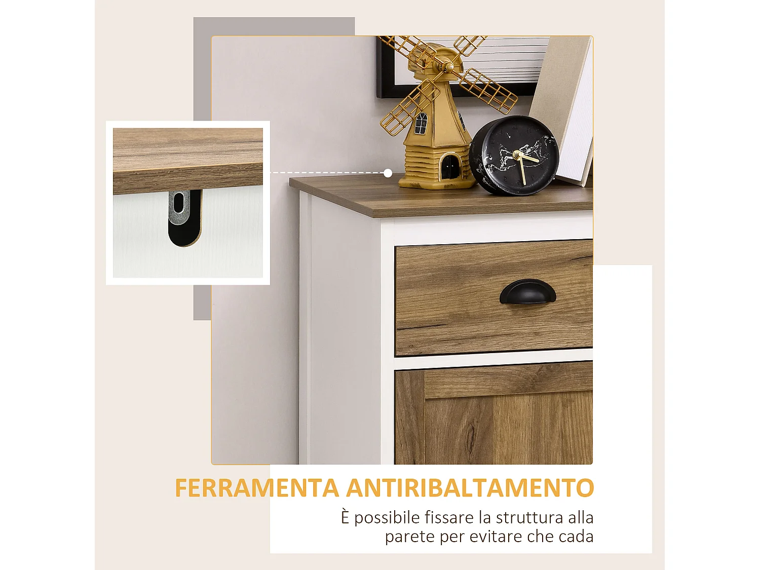 Mobile multiuso con armadietto e cassetto in truciolato bianco