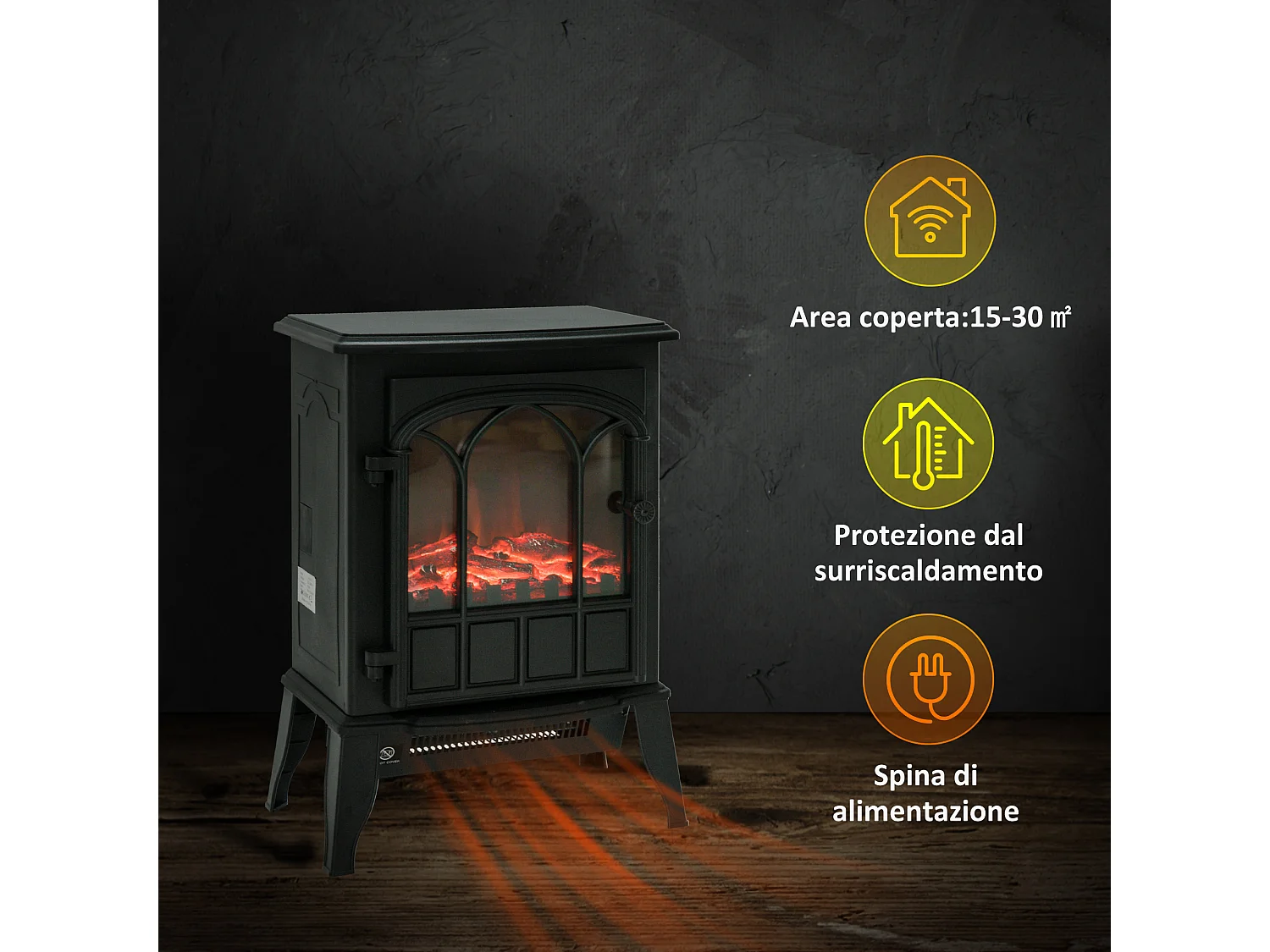 Caminetto da terra elettrico 1000W/2000W effetto fiamma con legna