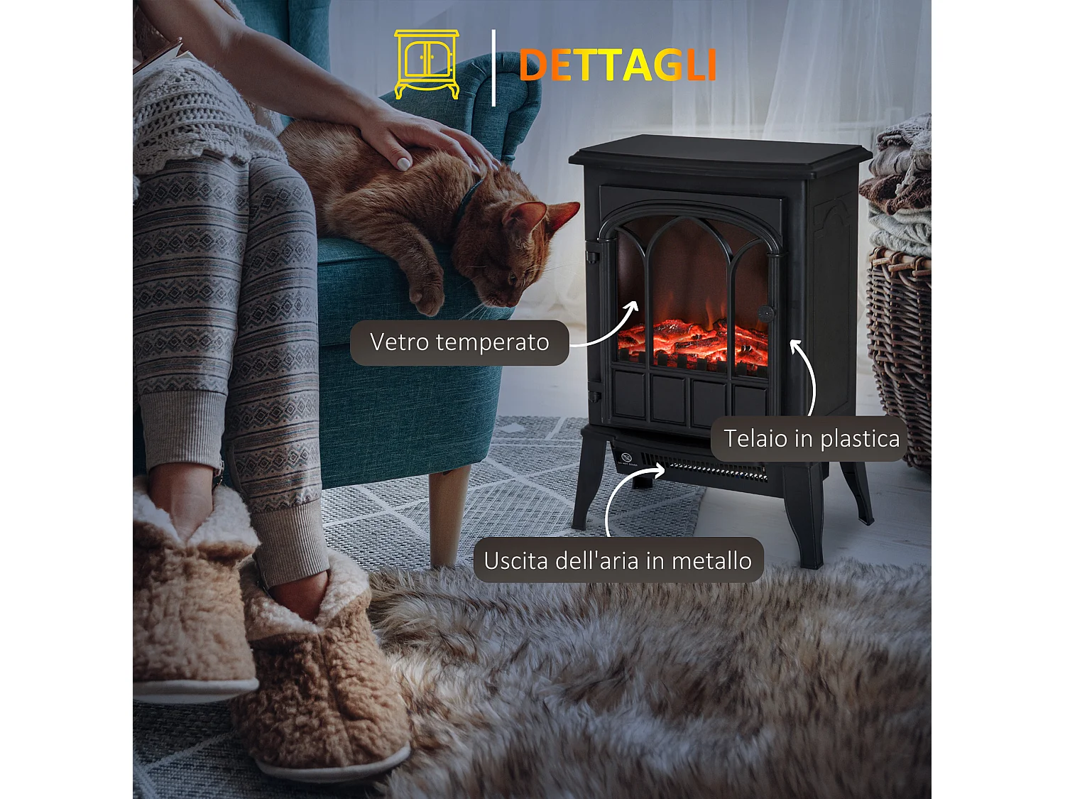 Caminetto da terra elettrico 1000W/2000W effetto fiamma con legna