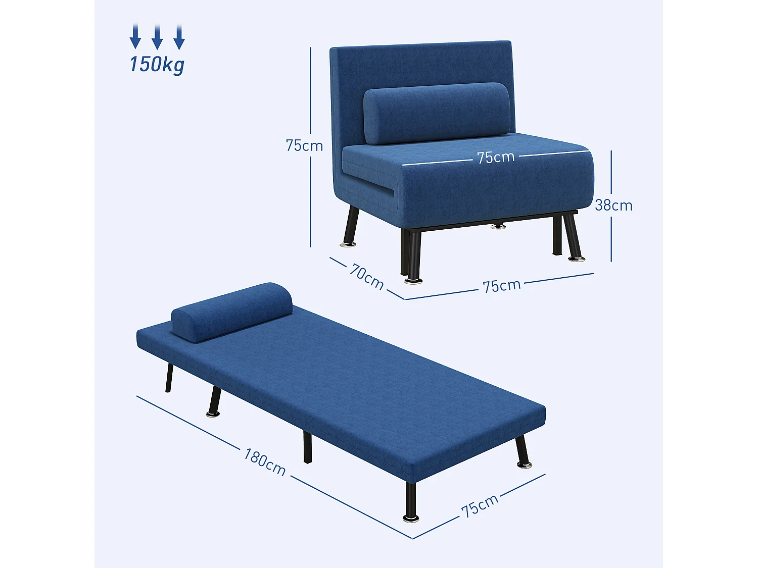 Poltrona letto con schienale regolabile in 5 posizioni blu scuro