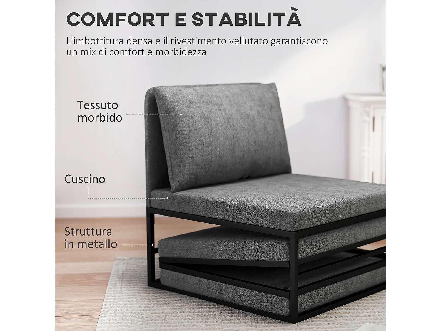 Poltrona letto moderna con cuscino e copertura protettiva grigio