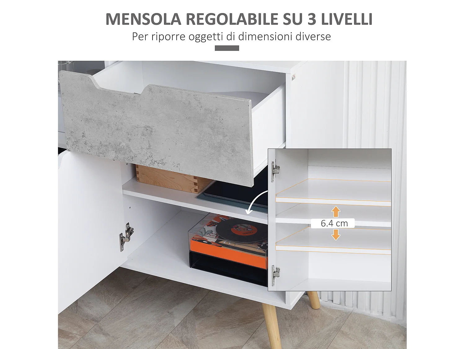 Mobile da salotto con 2 armadietti e cassetto grigio e bianco