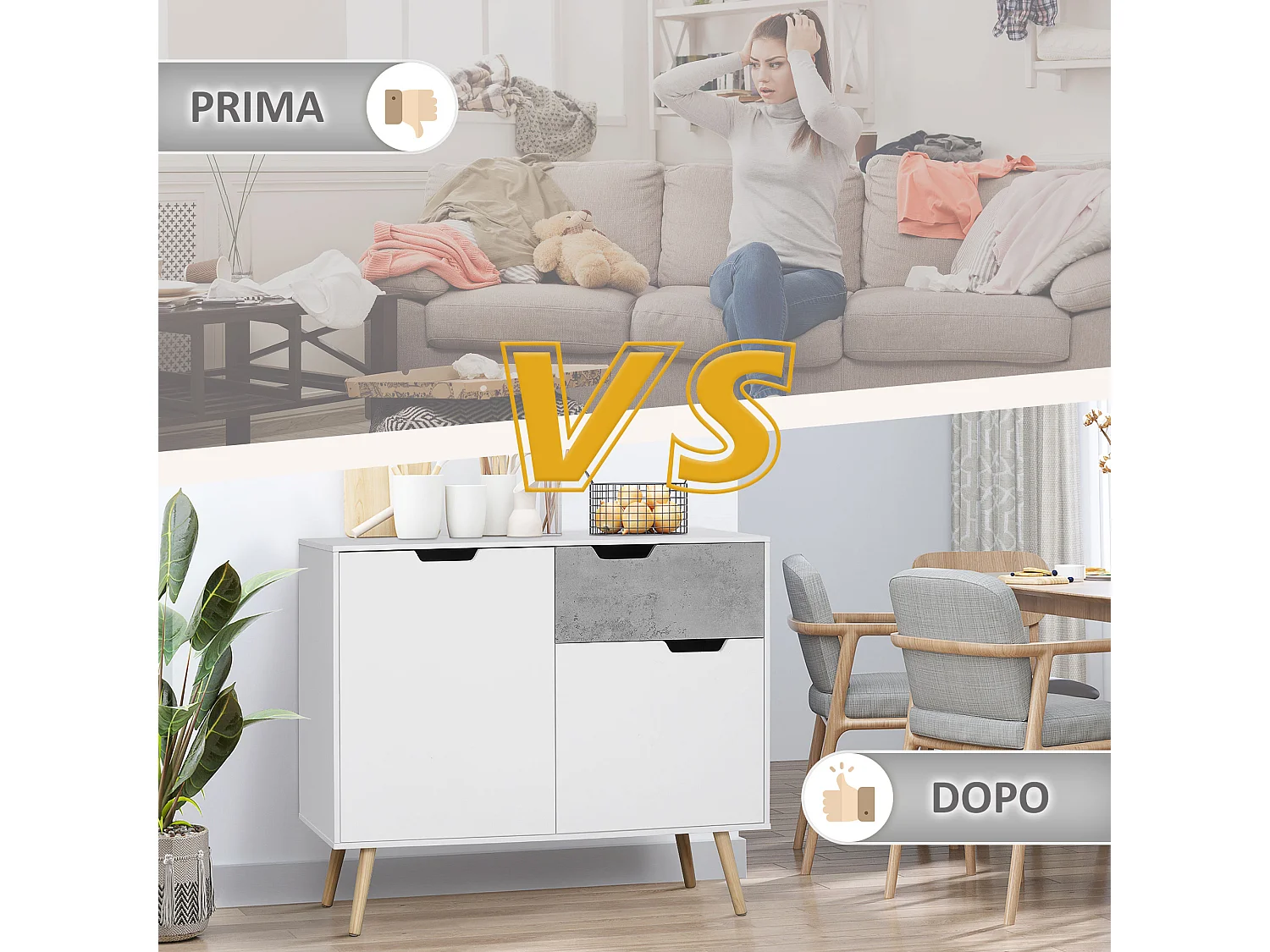 Mobile da salotto con 2 armadietti e cassetto grigio e bianco