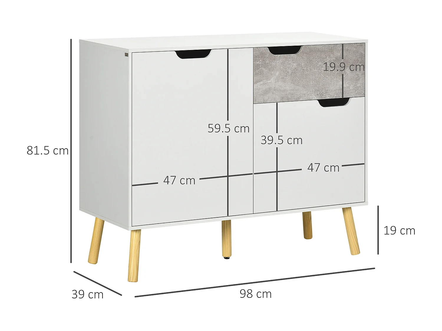 Mobile da salotto con 2 armadietti e cassetto grigio e bianco