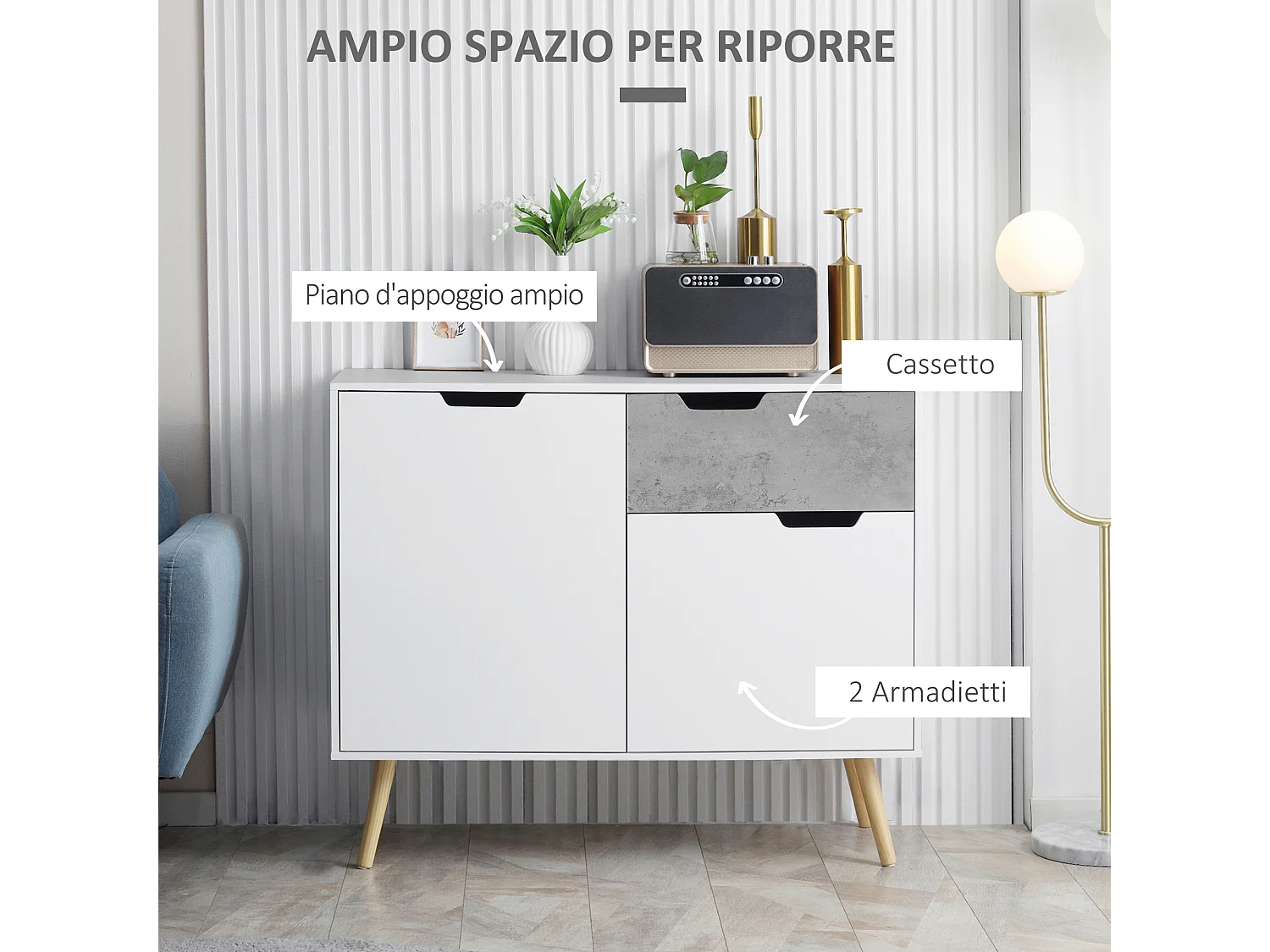 Mobile da salotto con 2 armadietti e cassetto grigio e bianco