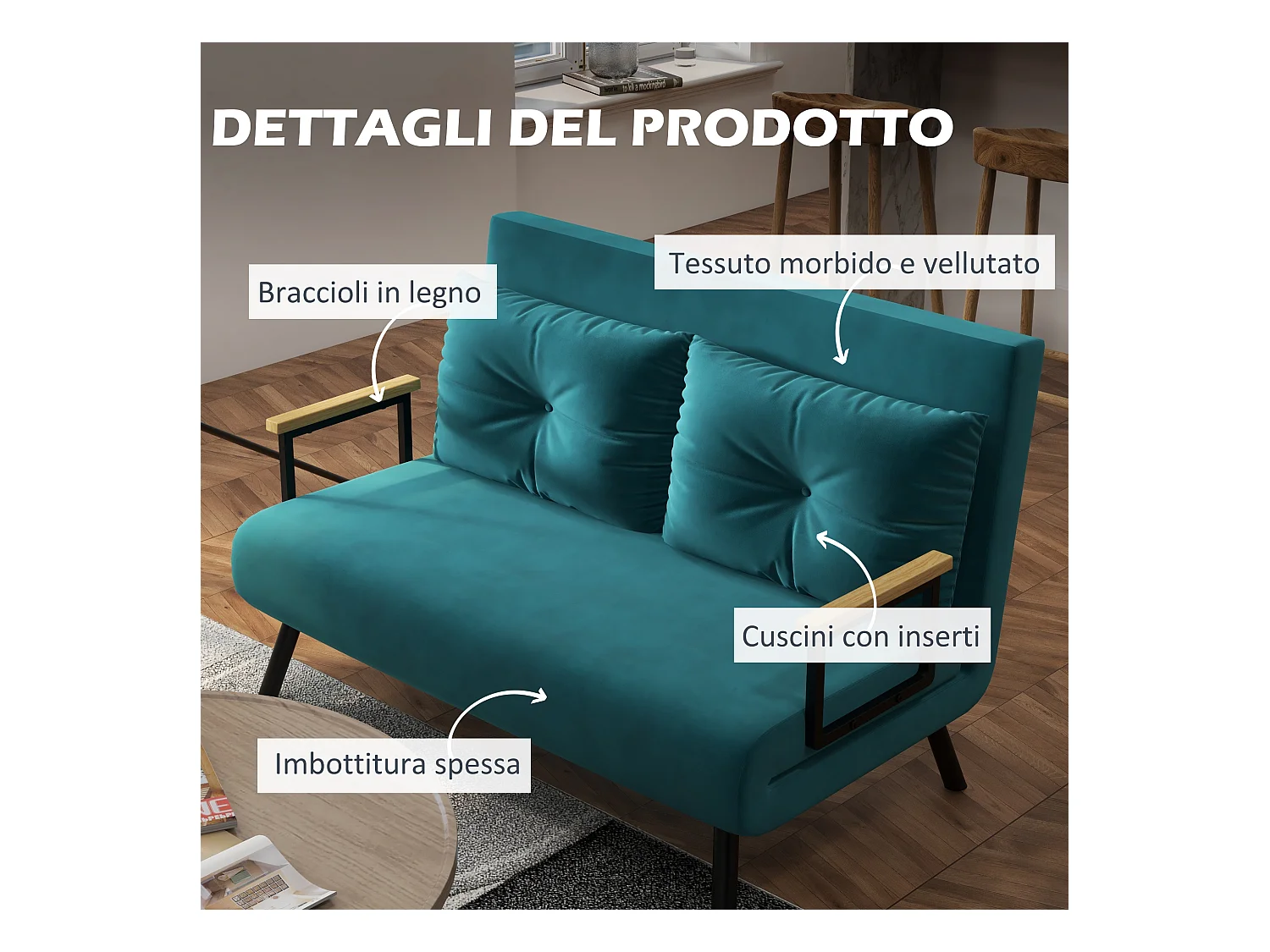 Divano letto matrimoniale 3 in 1 con schienale regolabile blu scuro