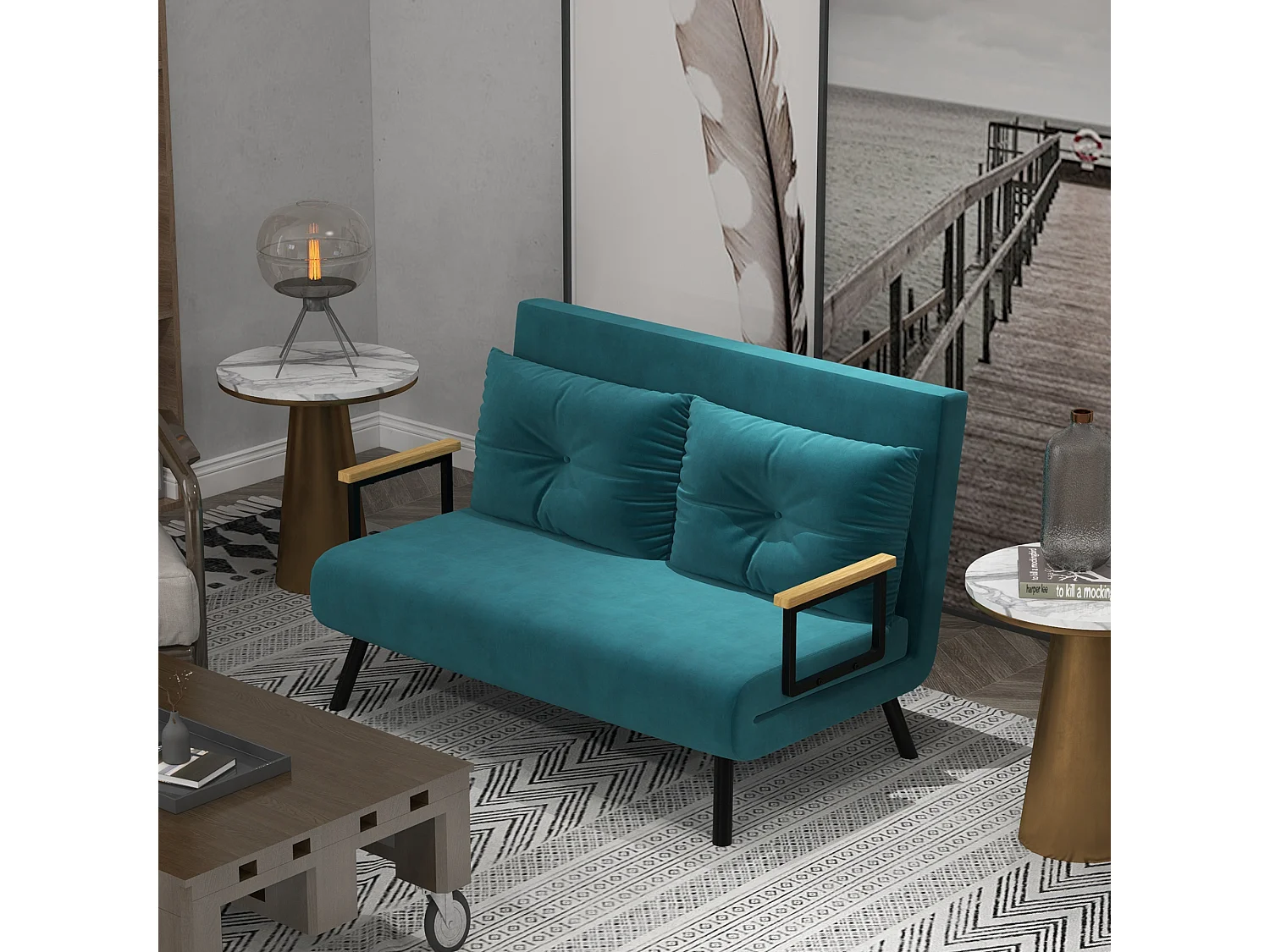 Divano letto matrimoniale 3 in 1 con schienale regolabile blu scuro