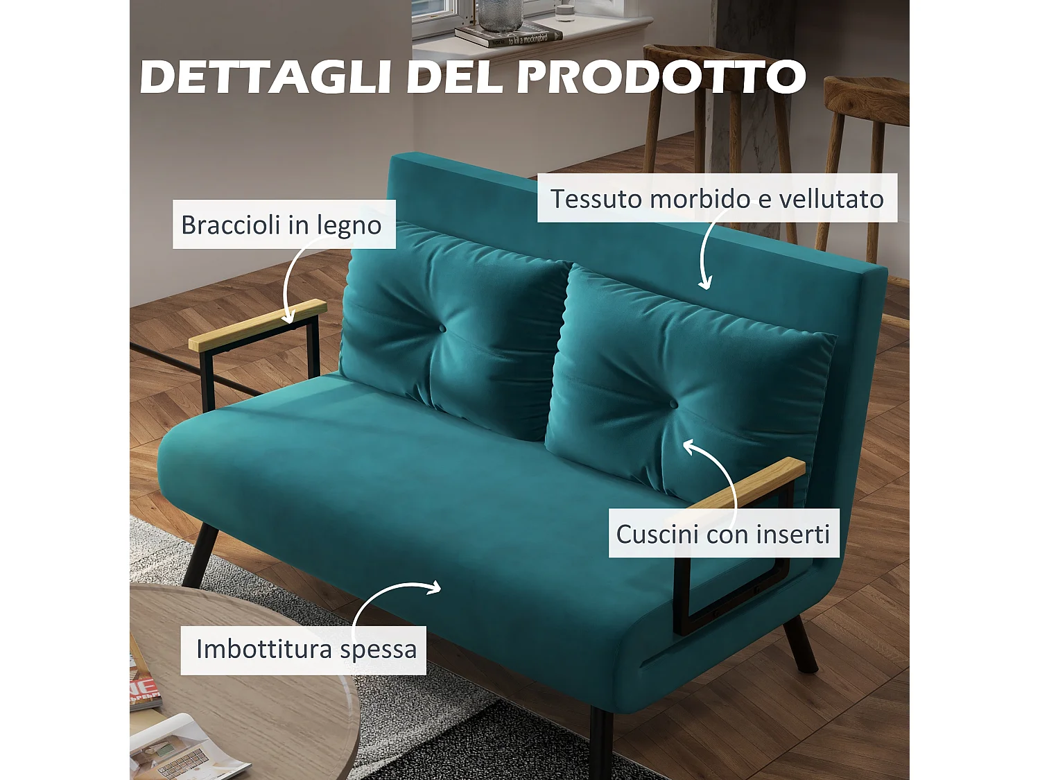Divano letto matrimoniale 3 in 1 con schienale regolabile blu scuro