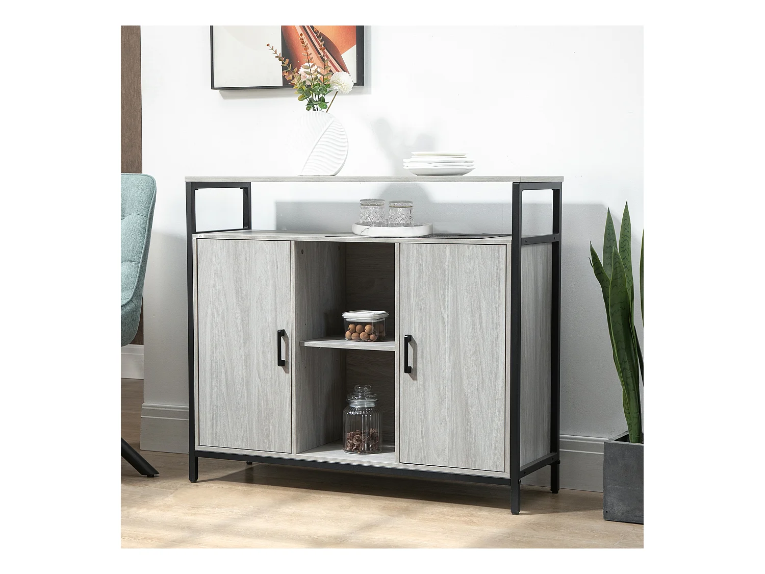 Mobile cucina con 2 armadietti e ripiani in legno grigio chiaro