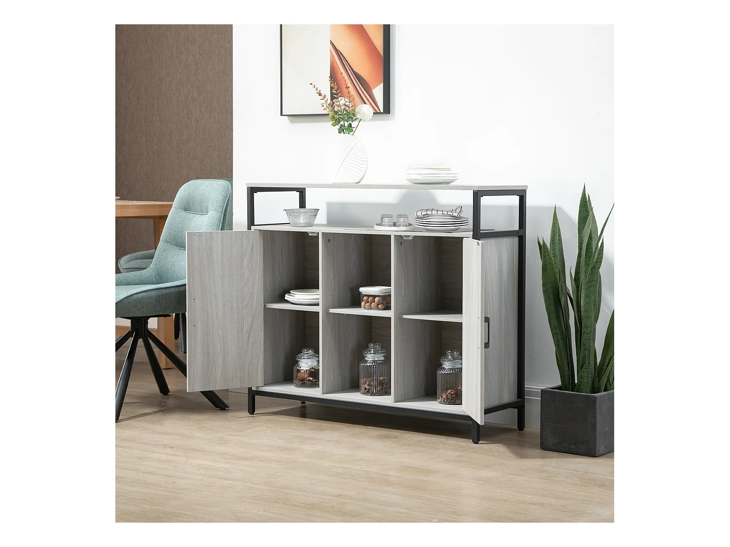 Mobile cucina con 2 armadietti e ripiani in legno grigio chiaro