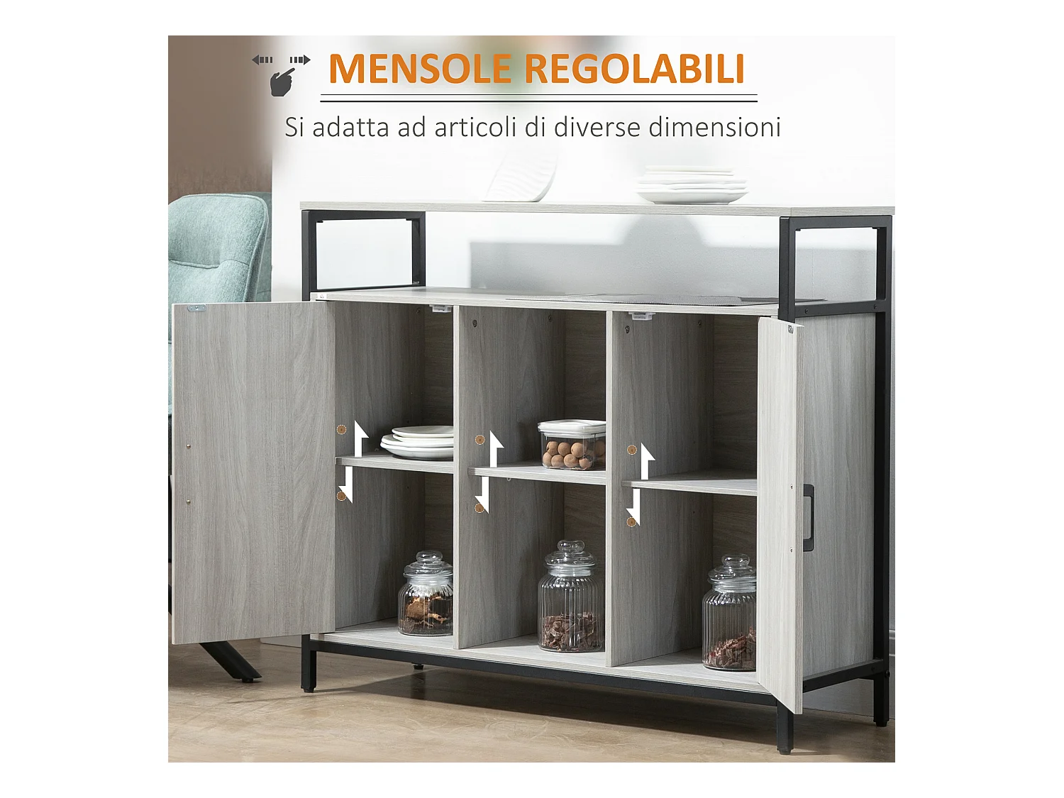 Mobile cucina con 2 armadietti e ripiani in legno grigio chiaro