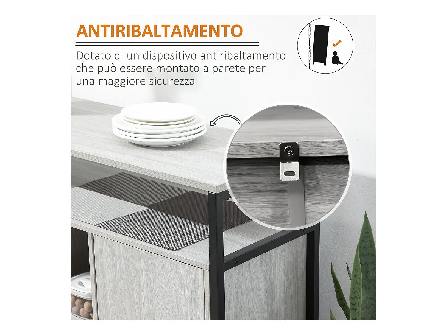 Mobile cucina con 2 armadietti e ripiani in legno grigio chiaro