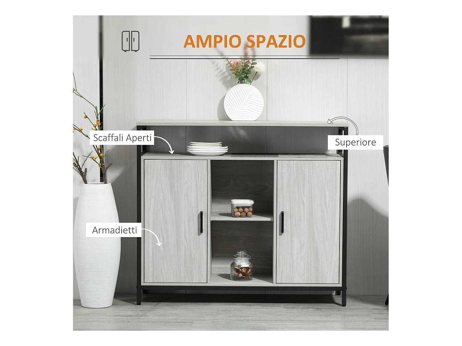 Mobile cucina con 2 armadietti e ripiani in legno grigio chiaro