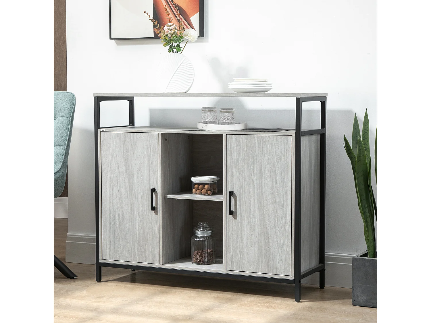 Mobile cucina con 2 armadietti e ripiani in legno grigio chiaro