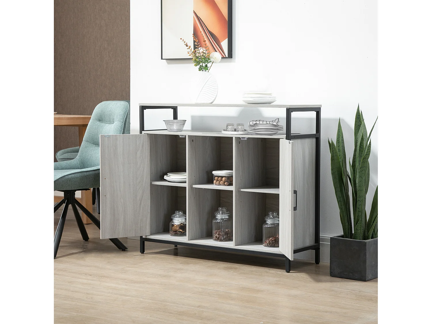 Mobile cucina con 2 armadietti e ripiani in legno grigio chiaro