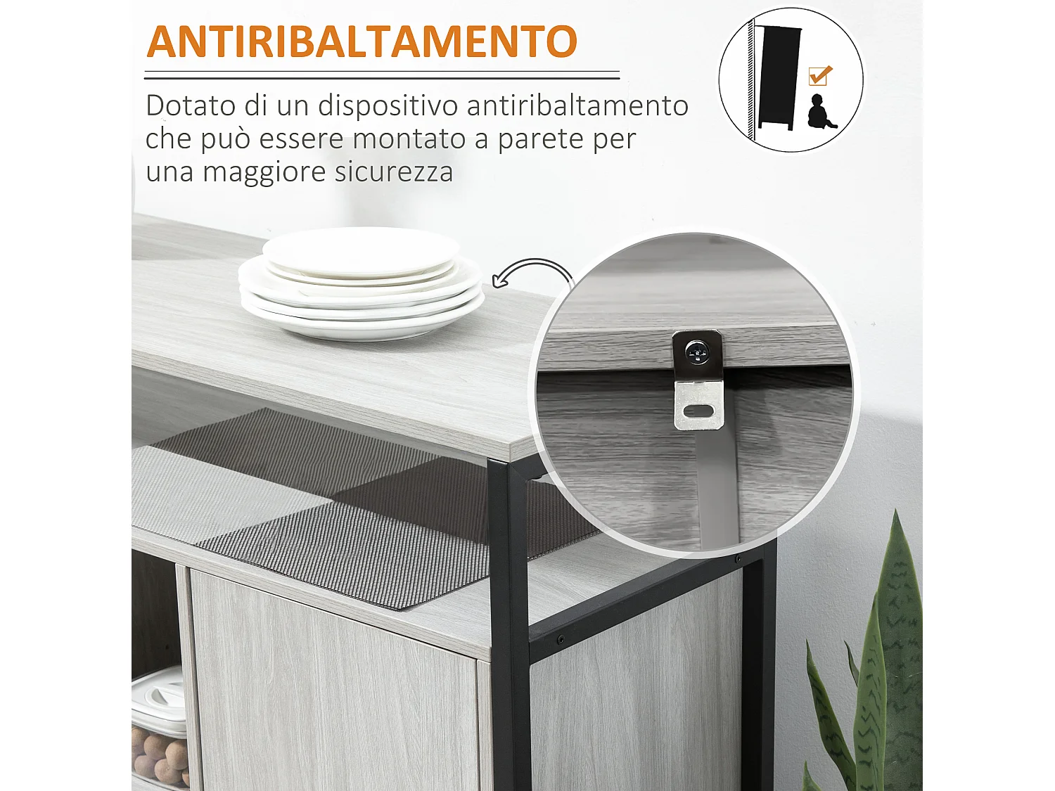 Mobile cucina con 2 armadietti e ripiani in legno grigio chiaro
