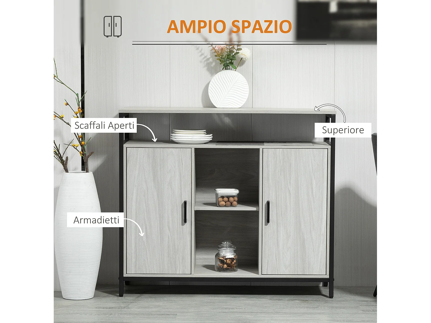 Mobile cucina con 2 armadietti e ripiani in legno grigio chiaro