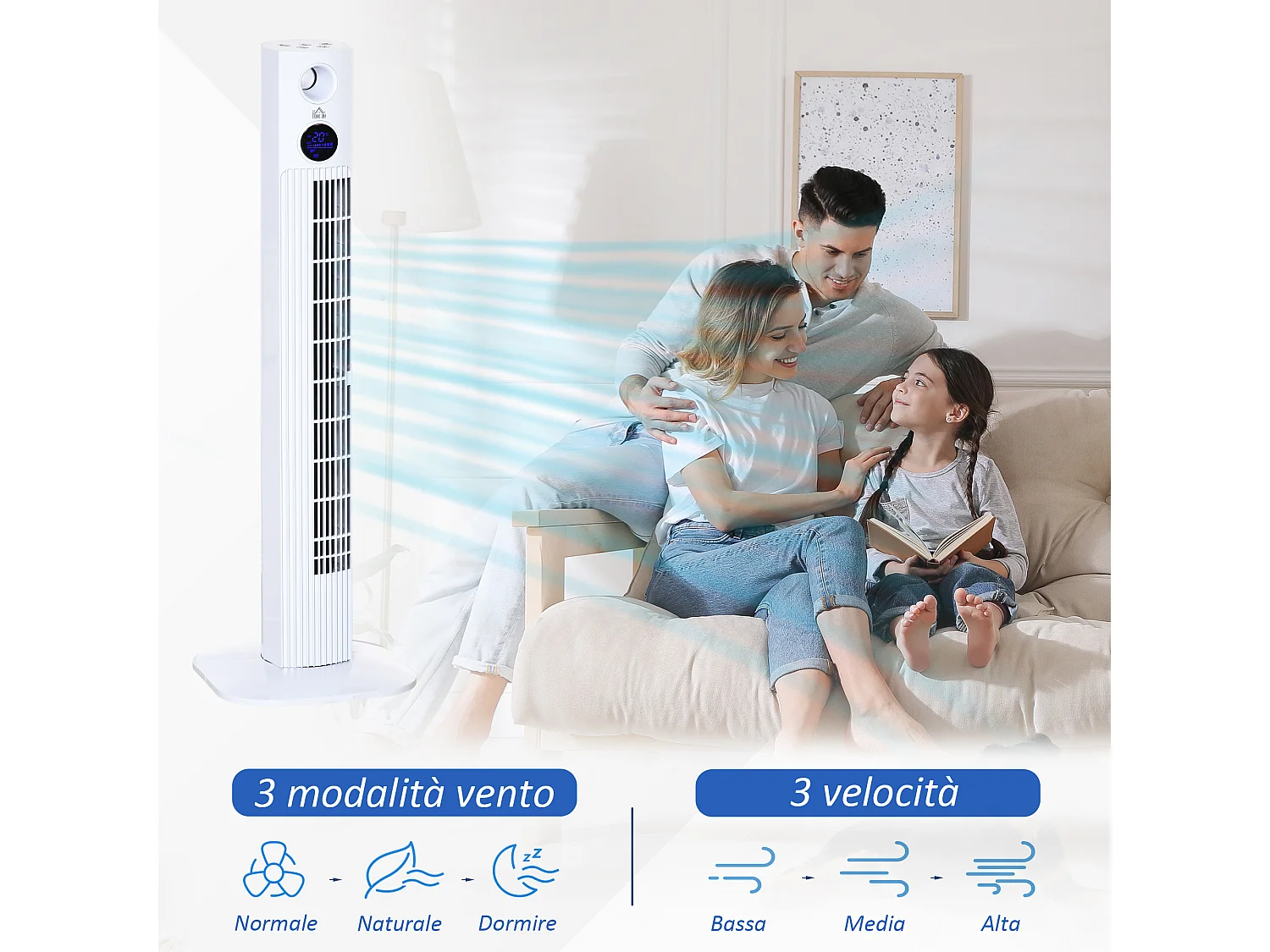 Ventilatore a torre 45w con diffusore aromi e timer 12h in abs bianco