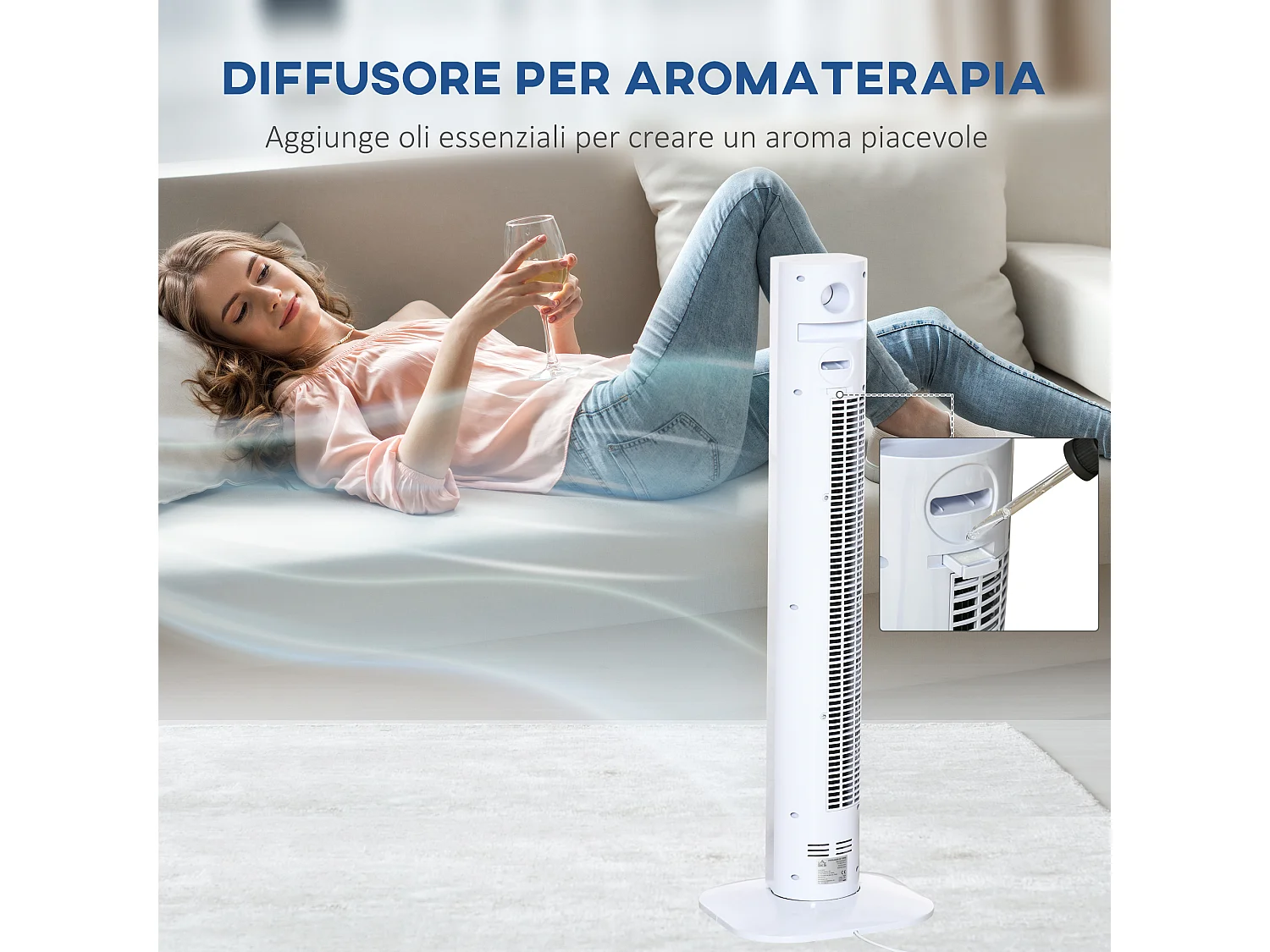 Ventilatore a torre 45w con diffusore aromi e timer 12h in abs bianco